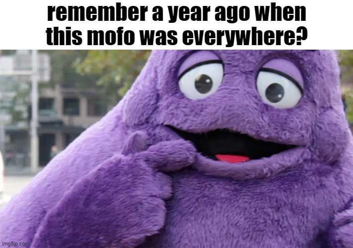 was a wild time | remember a year ago when this mofo was everywhere? | image tagged in grimace | made w/ Imgflip meme maker