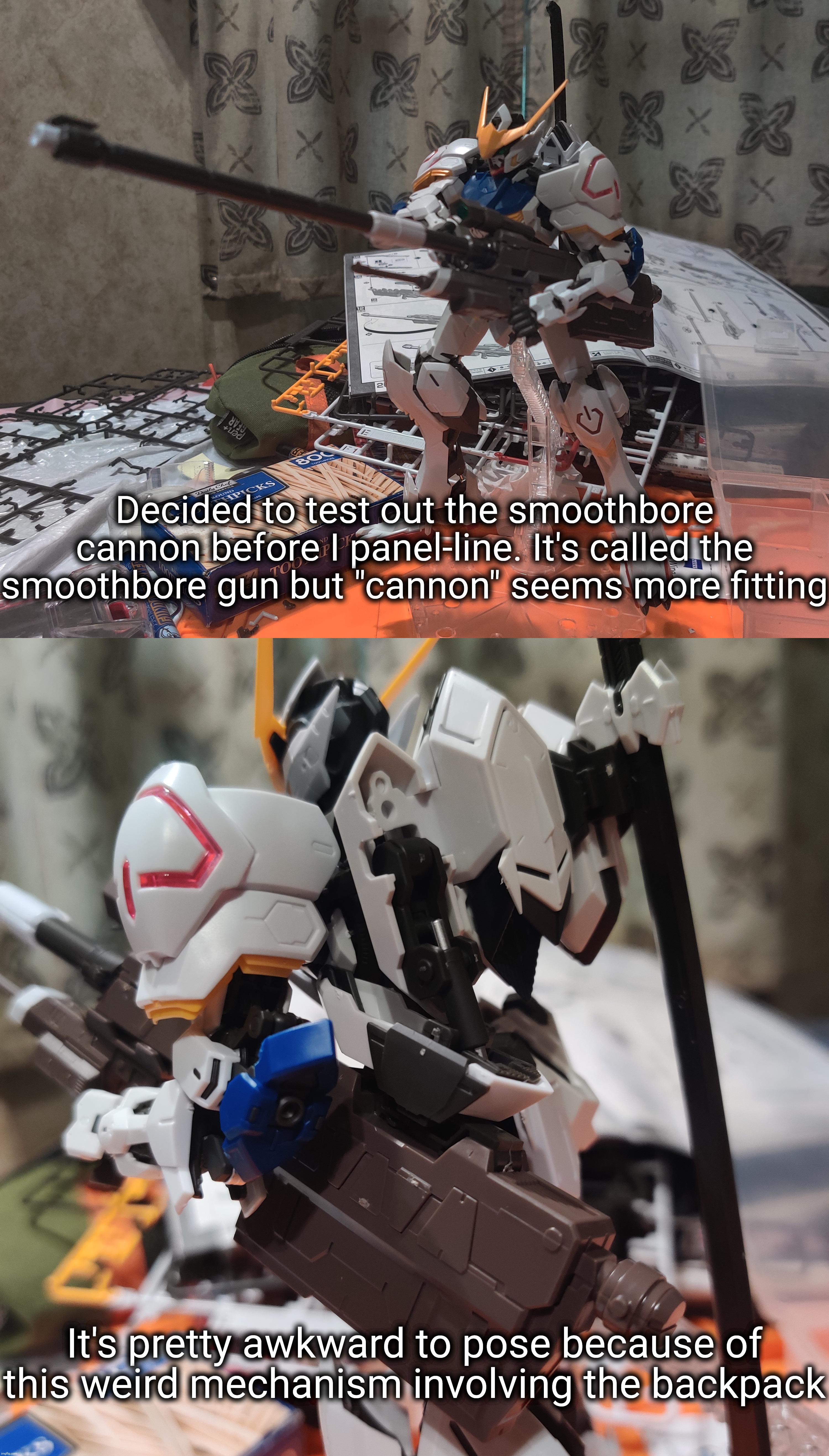 Decided to test out the smoothbore cannon before I panel-line. It's called the smoothbore gun but "cannon" seems more fitting; It's pretty awkward to pose because of this weird mechanism involving the backpack | made w/ Imgflip meme maker