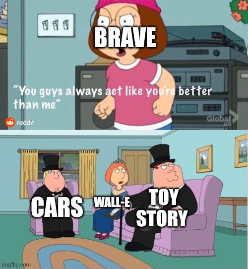 Is other pixar films is better then brave | BRAVE; TOY STORY; WALL-E; CARS | image tagged in you guys always act like you're better than me,brave,wall-e,cars,toy story,pixar | made w/ Imgflip meme maker