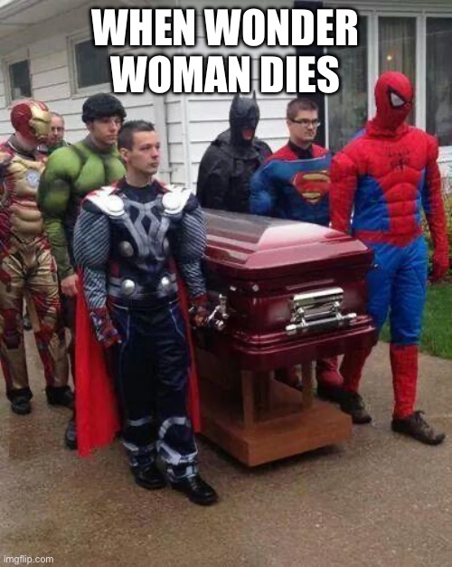 When Wonder Woman dies | WHEN WONDER WOMAN DIES | image tagged in cosplay funeral,funny,spider man,hulk,wonder woman,superhero | made w/ Imgflip meme maker
