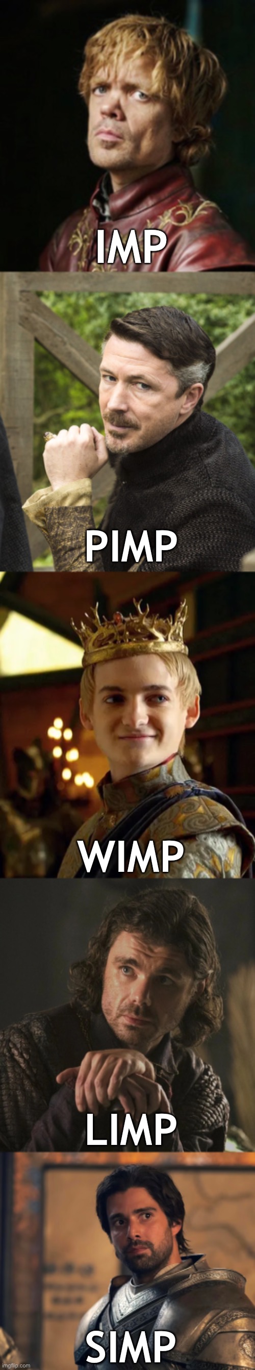 IMP; PIMP; WIMP; LIMP; SIMP | image tagged in game of thrones,house of the dragon | made w/ Imgflip meme maker