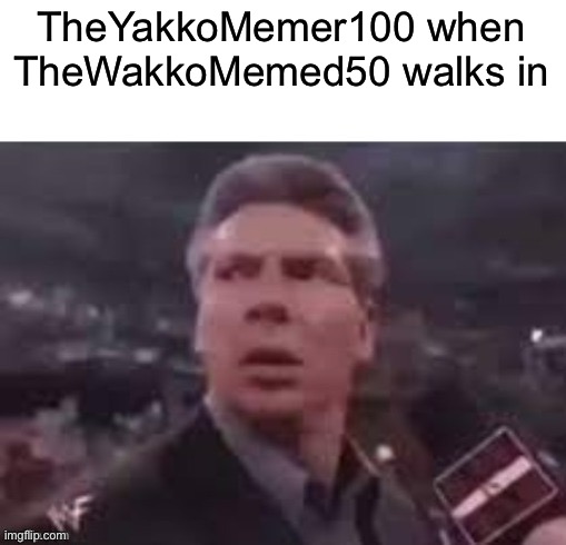 TheWakkoMemed50 | TheYakkoMemer100 when TheWakkoMemed50 walks in | image tagged in x when x walks in,yakkomemer | made w/ Imgflip meme maker