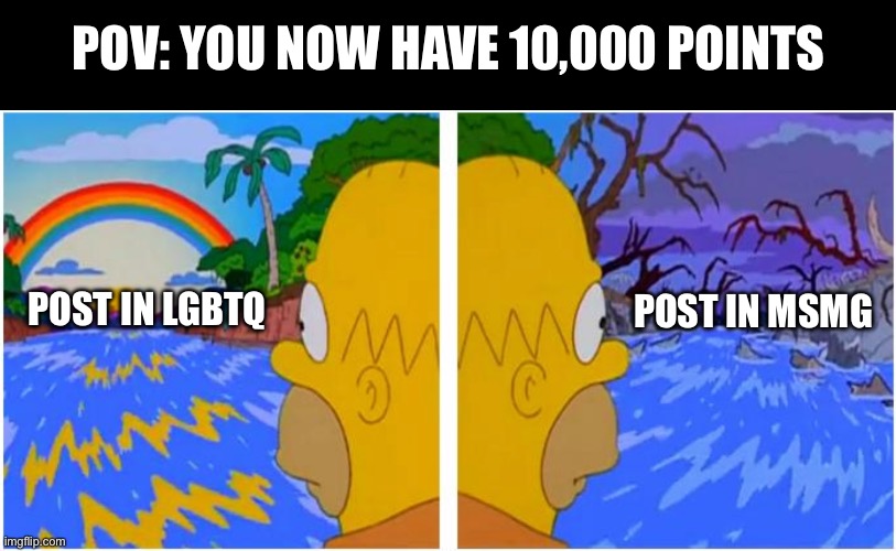 Pov: you now have 10,000 points | POV: YOU NOW HAVE 10,000 POINTS; POST IN LGBTQ; POST IN MSMG | image tagged in simpsons homero rio,homer simpson,the simpsons,10000 points,lgbtq,msmg | made w/ Imgflip meme maker