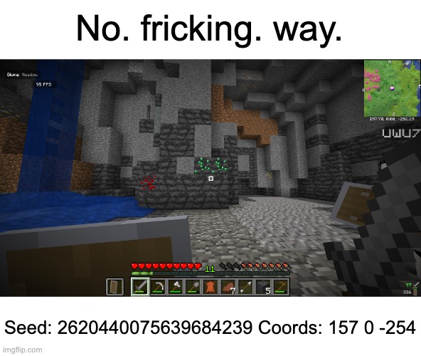 This was a multiplayer world I made with my friend | No. fricking. way. Seed: 2620440075639684239 Coords: 157 0 -254 | image tagged in dive,minecraft memes | made w/ Imgflip meme maker