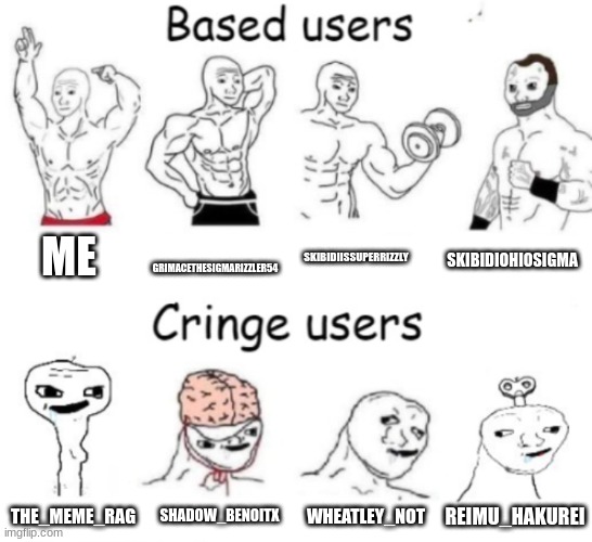 Based users v.s. cringe users | ME; GRIMACETHESIGMARIZZLER54; SKIBIDIISSUPERRIZZLY; SKIBIDIOHIOSIGMA; WHEATLEY_NOT; SHADOW_BENOITX; REIMU_HAKUREI; THE_MEME_RAG | image tagged in based users v s cringe users | made w/ Imgflip meme maker