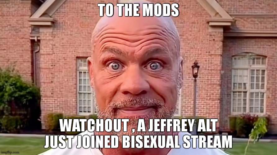 (InvaderBethany: we have manual approval on.) | TO THE MODS; WATCHOUT , A JEFFREY ALT JUST JOINED BISEXUAL STREAM | image tagged in kurt angle stare | made w/ Imgflip meme maker