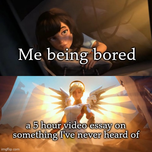 aka 5 hr essay on mort | Me being bored; a 5 hour video essay on something I've never heard of | image tagged in overwatch mercy meme | made w/ Imgflip meme maker