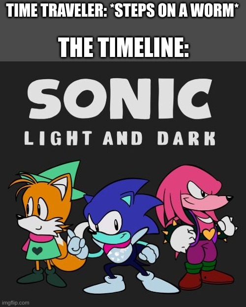 Sonic is canon to Deltarune | TIME TRAVELER: *STEPS ON A WORM*; THE TIMELINE: | image tagged in memes,time travel,sonic the hedgehog,deltarune | made w/ Imgflip meme maker