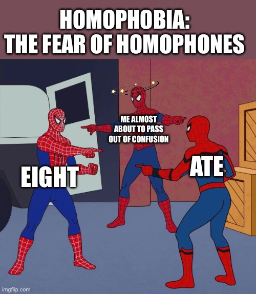 Homophobia ? | HOMOPHOBIA:
THE FEAR OF HOMOPHONES; ME ALMOST ABOUT TO PASS OUT OF CONFUSION; ATE; EIGHT | image tagged in spider man triple | made w/ Imgflip meme maker