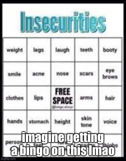insecurities bingo | imagine getting a bingo on this lmao | image tagged in insecurities bingo | made w/ Imgflip meme maker