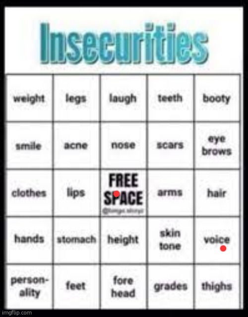 Eh, I feel quite secure | image tagged in insecurities bingo | made w/ Imgflip meme maker