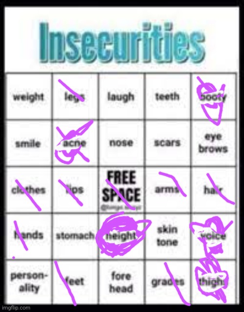 fuck. | image tagged in insecurities bingo | made w/ Imgflip meme maker