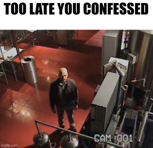 Walter white stares at camera | TOO LATE YOU CONFESSED | image tagged in walter white stares at camera | made w/ Imgflip meme maker