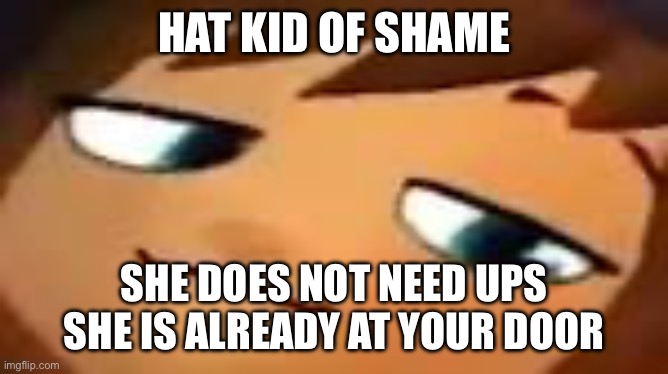smug hat kid.mp4 | HAT KID OF SHAME SHE DOES NOT NEED UPS SHE IS ALREADY AT YOUR DOOR | image tagged in smug hat kid mp4 | made w/ Imgflip meme maker