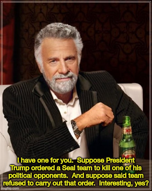 How would punishing an elite unit for refusing to commit cold-blooded murder p!ay with the American public? | I have one for you.  Suppose President Trump ordered a Seal team to kill one of his political opponents.  And suppose said team refused to carry out that order.  Interesting, yes? | image tagged in memes,the most interesting man in the world | made w/ Imgflip meme maker