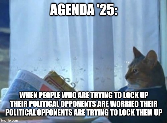 I Should Buy A Boat Cat Meme | AGENDA '25:; WHEN PEOPLE WHO ARE TRYING TO LOCK UP THEIR POLITICAL OPPONENTS ARE WORRIED THEIR POLITICAL OPPONENTS ARE TRYING TO LOCK THEM UP | image tagged in memes,i should buy a boat cat,funny | made w/ Imgflip meme maker