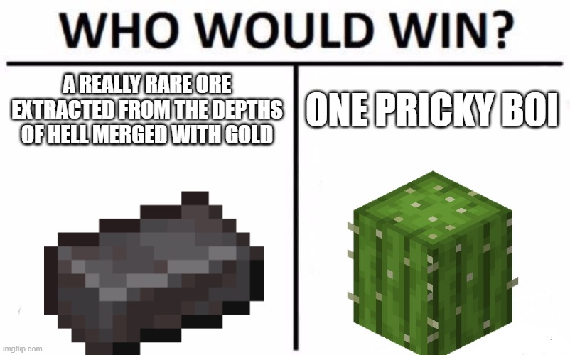 Minecraft logic makes absolutely no sense | A REALLY RARE ORE EXTRACTED FROM THE DEPTHS OF HELL MERGED WITH GOLD; ONE PRICKY BOI | image tagged in memes,who would win | made w/ Imgflip meme maker