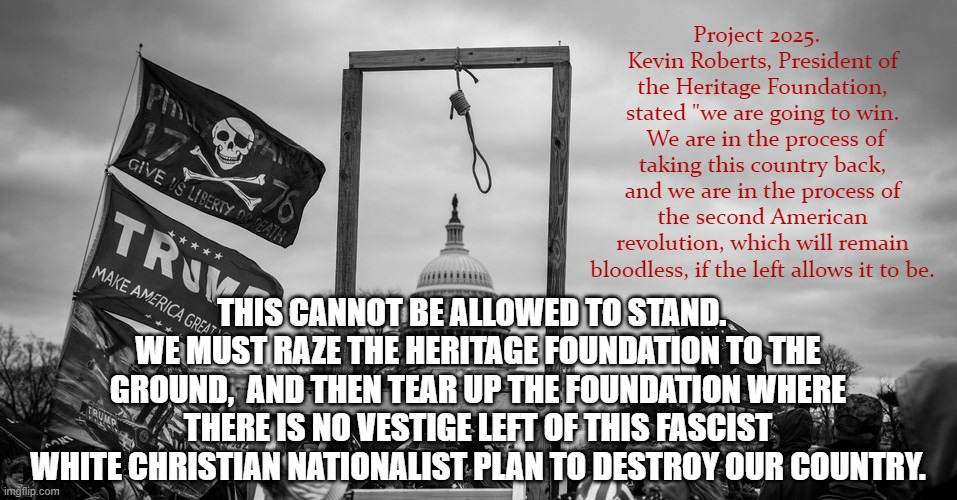 Capitol Hill riot gallows | Project 2025.   Kevin Roberts, President of the Heritage Foundation, stated "we are going to win.  We are in the process of taking this country back, and we are in the process of the second American revolution, which will remain bloodless, if the left allows it to be. THIS CANNOT BE ALLOWED TO STAND.   WE MUST RAZE THE HERITAGE FOUNDATION TO THE GROUND,  AND THEN TEAR UP THE FOUNDATION WHERE THERE IS NO VESTIGE LEFT OF THIS FASCIST WHITE CHRISTIAN NATIONALIST PLAN TO DESTROY OUR COUNTRY. | image tagged in capitol hill riot gallows | made w/ Imgflip meme maker