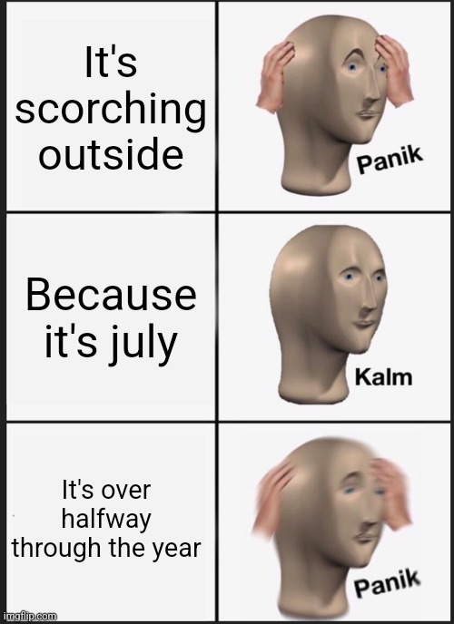 How, tell me how | It's scorching outside; Because it's july; It's over halfway through the year | image tagged in memes,panik kalm panik | made w/ Imgflip meme maker