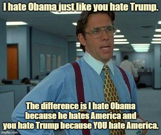 We're only a little bit different | I hate Obama just like you hate Trump. The difference is I hate Obama because he hates America and you hate Trump because YOU hate America. | image tagged in obama,trump,hate america | made w/ Imgflip meme maker