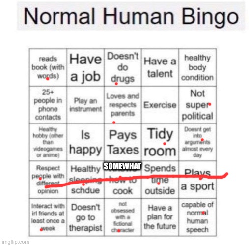 Normal human bingo | SOMEWHAT | image tagged in normal human bingo | made w/ Imgflip meme maker