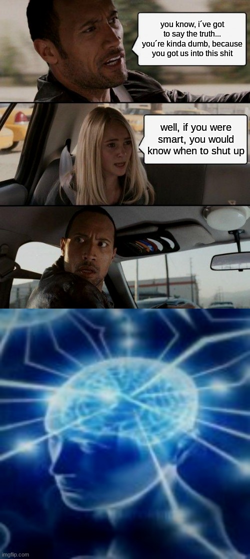 you know, i´ve got to say the truth... you´re kinda dumb, because you got us into this shit; well, if you were smart, you would know when to shut up | image tagged in memes,the rock driving,but you didn't have to cut me off | made w/ Imgflip meme maker