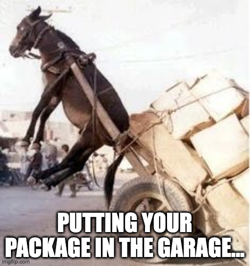 Overloaded donkey | PUTTING YOUR PACKAGE IN THE GARAGE... | image tagged in overloaded donkey | made w/ Imgflip meme maker