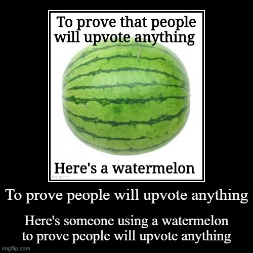 c: | To prove people will upvote anything | Here's someone using a watermelon to prove people will upvote anything | image tagged in funny,demotivationals,memes,watermelon,upvotes,ha ha tags go brr | made w/ Imgflip demotivational maker