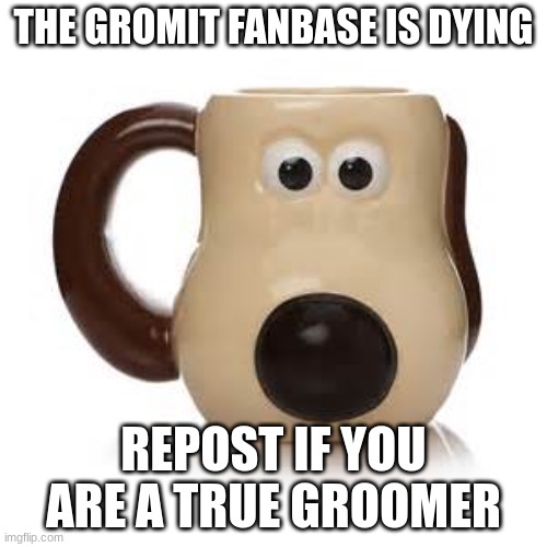 gromit mug | THE GROMIT FANBASE IS DYING; REPOST IF YOU ARE A TRUE GROOMER | image tagged in gromit mug | made w/ Imgflip meme maker