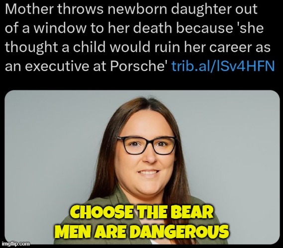 Men are more dangerous than women | CHOOSE THE BEAR
MEN ARE DANGEROUS | image tagged in single mom,murder,porsche,child abuse,bad parenting,mother | made w/ Imgflip meme maker