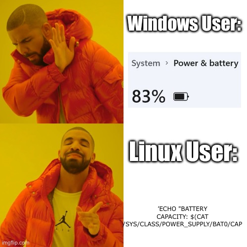 Battery-Capacity: Windows vs. Linux | Windows User:; Linux User:; ’ECHO "BATTERY CAPACITY: $(CAT /SYS/CLASS/POWER_SUPPLY/BAT0/CAP | image tagged in memes,drake hotline bling,battery,linux,cat,terminal | made w/ Imgflip meme maker