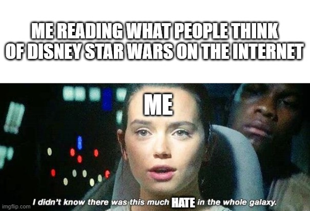 I don't think Rey is the best character and certainty should not be a Skywalker but I don't hate her and the sequels are fine | ME READING WHAT PEOPLE THINK OF DISNEY STAR WARS ON THE INTERNET; ME; HATE | image tagged in rey star wars | made w/ Imgflip meme maker