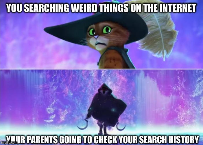 OH NO. | YOU SEARCHING WEIRD THINGS ON THE INTERNET; YOUR PARENTS GOING TO CHECK YOUR SEARCH HISTORY | image tagged in puss and boots scared | made w/ Imgflip meme maker