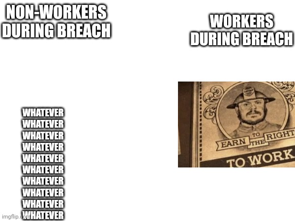 NON-WORKERS DURING BREACH WHATEVER
WHATEVER
WHATEVER
WHATEVER
WHATEVER
WHATEVER
WHATEVER
WHATEVER
WHATEVER
WHATEVER WORKERS DURING BREACH | made w/ Imgflip meme maker