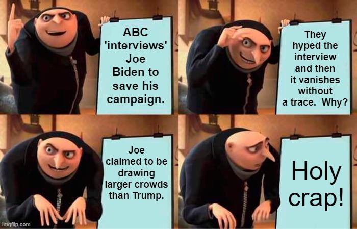 Dementia Joe couldn't even handle the slow softball lobs. | They hyped the interview and then it vanishes without a trace.  Why? ABC 'interviews' Joe Biden to save his campaign. Joe claimed to be drawing larger crowds than Trump. Holy crap! | image tagged in gru's plan | made w/ Imgflip meme maker