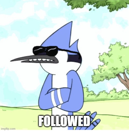 mordecai regular show shades lame | FOLLOWED | image tagged in mordecai regular show shades lame | made w/ Imgflip meme maker