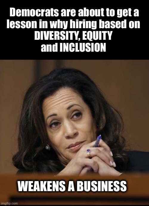 Their commitment to their ideology will prevent them from learning the lesson | Democrats are about to get a
lesson in why hiring based on 
DIVERSITY, EQUITY 
and INCLUSION; WEAKENS A BUSINESS | image tagged in kamala harris | made w/ Imgflip meme maker