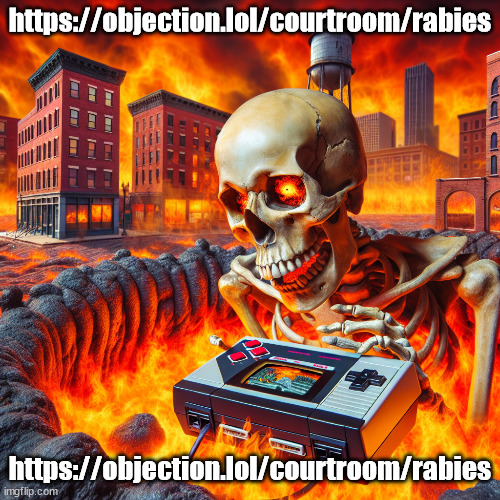 https://objection.lol/courtroom/rabies | https://objection.lol/courtroom/rabies; https://objection.lol/courtroom/rabies | image tagged in skull playing the nintendo 64 in michigan | made w/ Imgflip meme maker