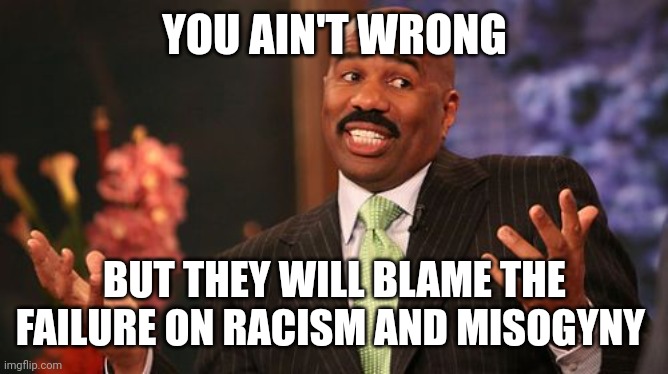 Steve Harvey Meme | YOU AIN'T WRONG BUT THEY WILL BLAME THE FAILURE ON RACISM AND MISOGYNY | image tagged in memes,steve harvey | made w/ Imgflip meme maker