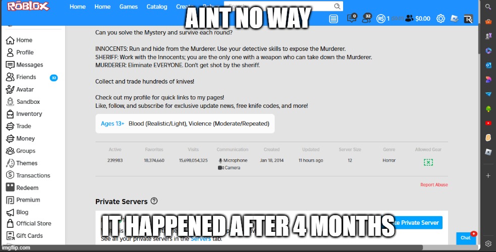 mm2 has finally updated!!!! | AINT NO WAY; IT HAPPENED AFTER 4 MONTHS | image tagged in mm2,roblox,murder mystery 2,update,bruce its been 5 years,you still owe me 5 dollars | made w/ Imgflip meme maker