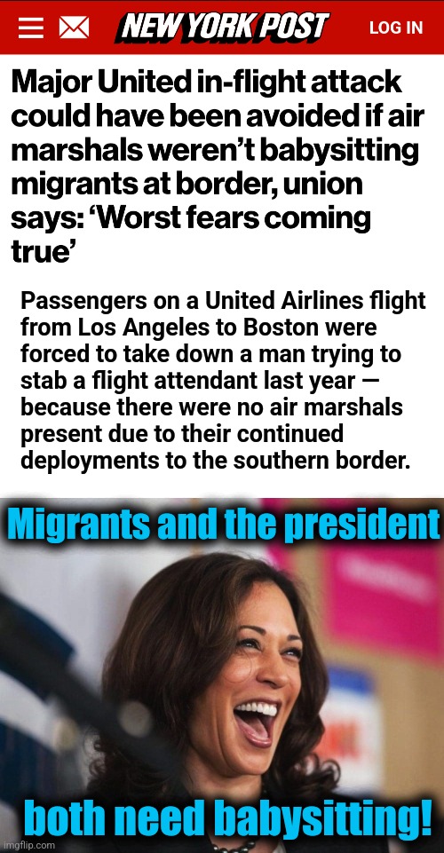 The country going to hell with democrats in Washington DC | Passengers on a United Airlines flight
from Los Angeles to Boston were
forced to take down a man trying to
stab a flight attendant last year —
because there were no air marshals
present due to their continued
deployments to the southern border. Migrants and the president; both need babysitting! | image tagged in cackling kamala harris,meme,migrants,sky marshalls,joe biden,democrats | made w/ Imgflip meme maker