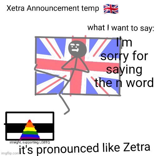 Xetra announcement temp | I'm sorry for saying the n word | image tagged in xetra announcement temp | made w/ Imgflip meme maker