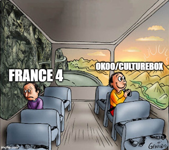 Respect pour france•4... | OKOO/CULTUREBOX; FRANCE 4 | image tagged in two guys on a bus | made w/ Imgflip meme maker