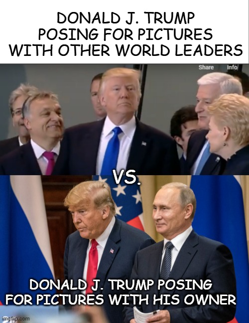 See the difference? | DONALD J. TRUMP POSING FOR PICTURES WITH OTHER WORLD LEADERS; VS. DONALD J. TRUMP POSING FOR PICTURES WITH HIS OWNER | image tagged in white bar,accomplice | made w/ Imgflip meme maker