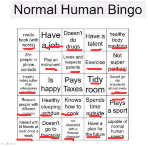 Normal human bingo | image tagged in normal human bingo | made w/ Imgflip meme maker