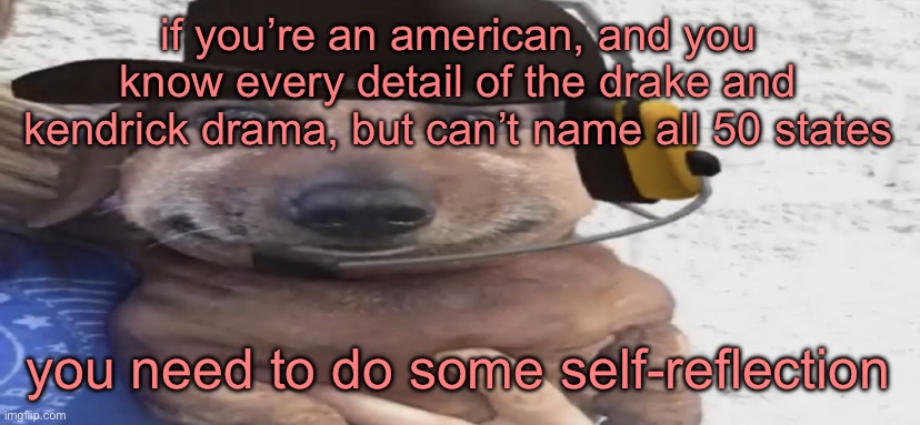 chucklenuts | if you’re an american, and you know every detail of the drake and kendrick drama, but can’t name all 50 states; you need to do some self-reflection | image tagged in chucklenuts | made w/ Imgflip meme maker