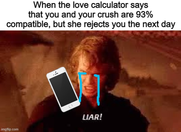 DAMN YOUUU LOVE CALCULATOR!!!! | When the love calculator says that you and your crush are 93% compatible, but she rejects you the next day | image tagged in anakin liar,damn you,crush,nooooooooo,single life,why | made w/ Imgflip meme maker