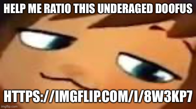 smug hat kid.mp4 | HELP ME RATIO THIS UNDERAGED DOOFUS; HTTPS://IMGFLIP.COM/I/8W3KP7 | image tagged in smug hat kid mp4 | made w/ Imgflip meme maker