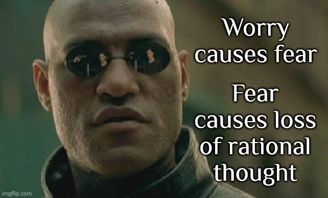 You Have Nothing To Fear But Fear Itself | Worry causes fear; Fear causes loss of rational thought | image tagged in memes,matrix morpheus,don't worry be happy,fearless,blessed,fear none | made w/ Imgflip meme maker