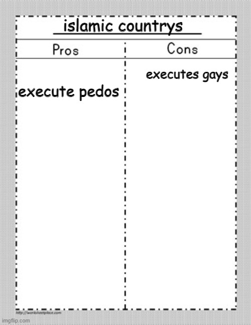 Pros and Cons Chart | islamic countrys; executes gays; execute pedos | image tagged in pros and cons chart | made w/ Imgflip meme maker